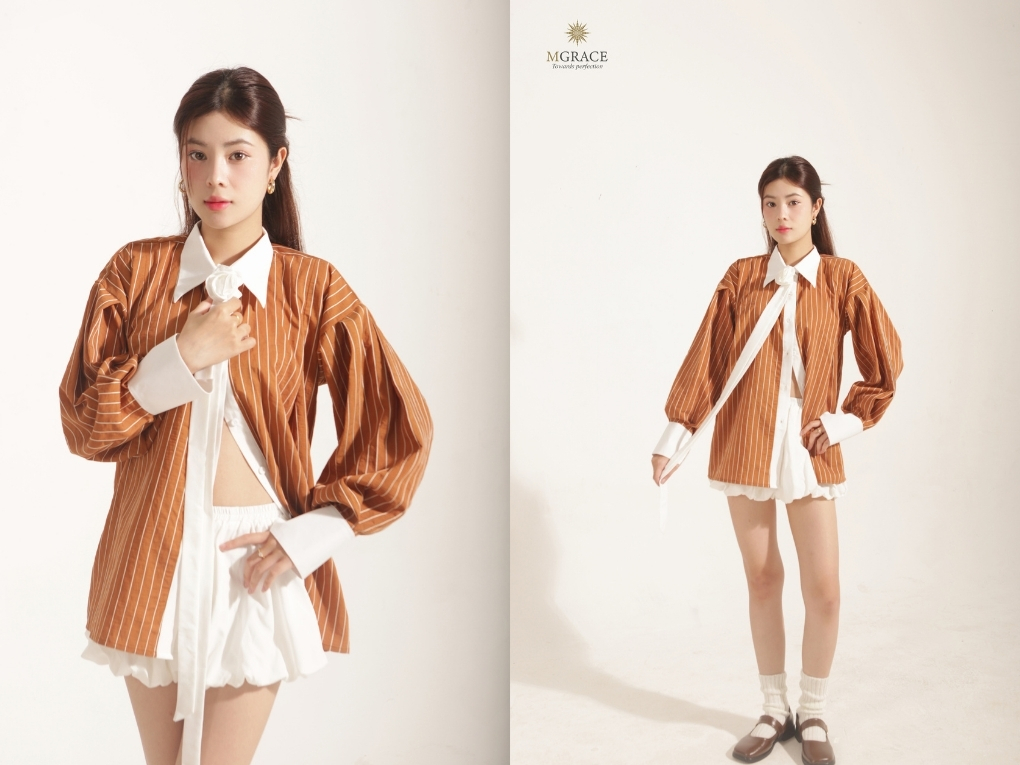 FLORAL SET _ Bộ somi sọc kiểu tay phồng đeo nơ