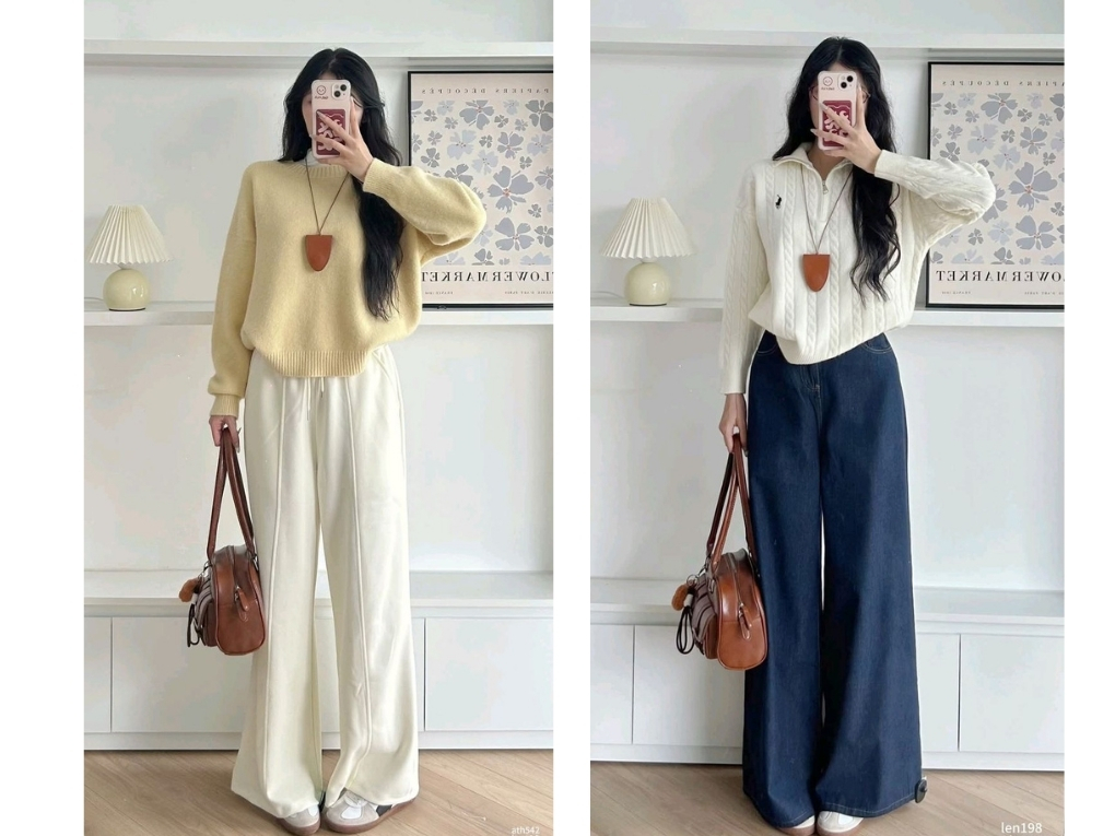 Áo len cổ lọ mỏng + quần vải suông