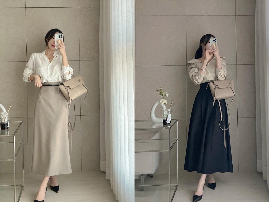 Đầm midi trơn + thắt lưng mảnh + ankle boots