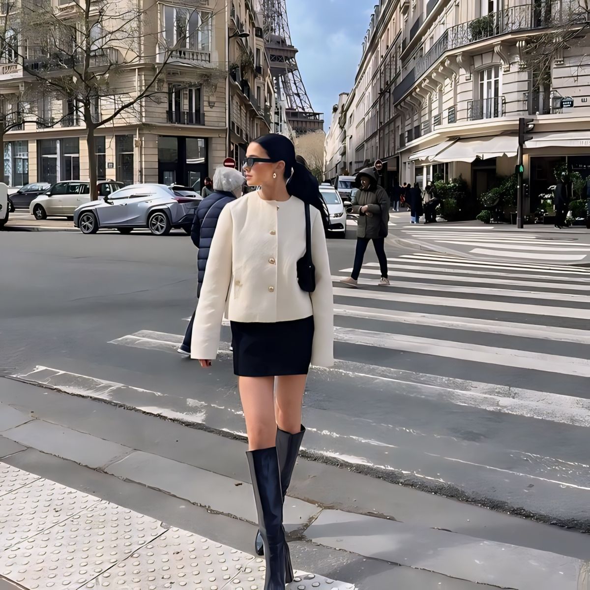 Phom dáng (blazer ngắn, váy mini) và giày dép (boots cao cổ đen) thanh lịch