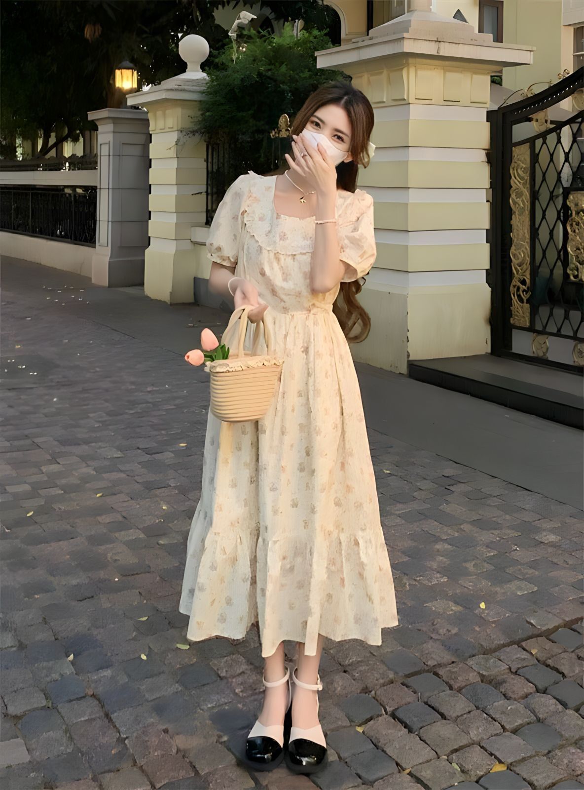 Váy hoa nhí dáng midi tay phồng công sở thanh lịch