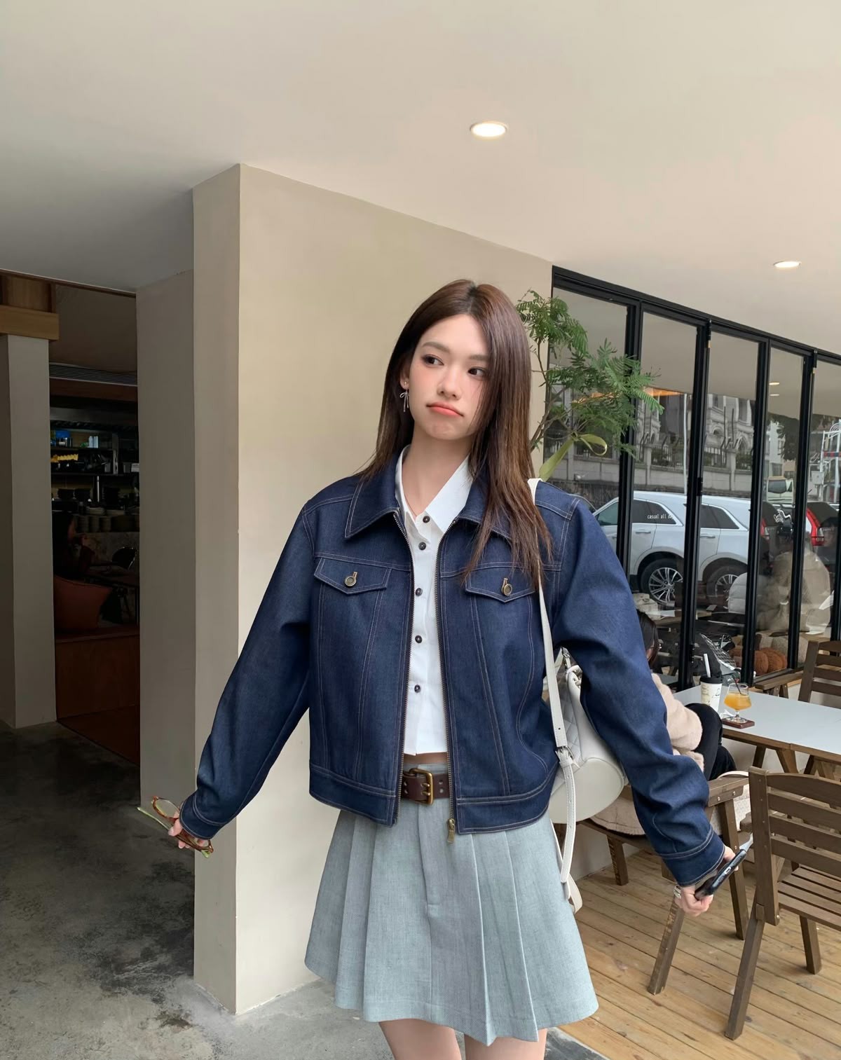 Chân váy chữ A dáng ngắn xếp li denim jacket