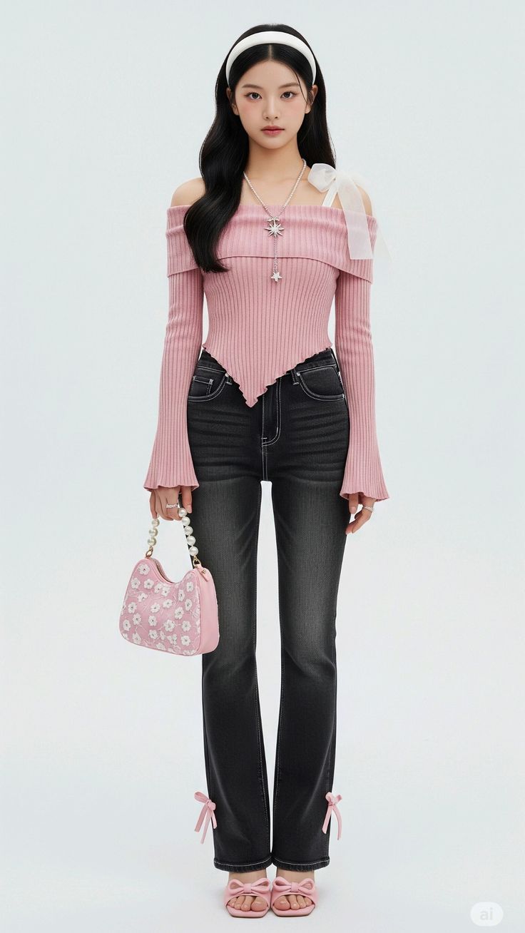 Phối đồ hồng pastel quần jeans đen phụ kiện túi ngọc trai