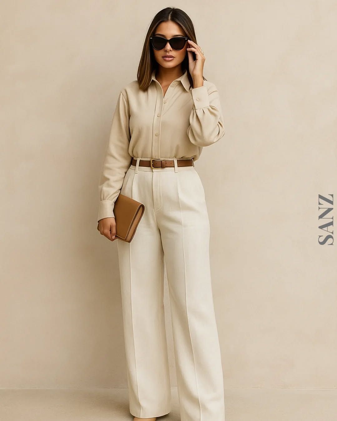 Áo sơ mi beige quần âu thanh lịch công sở