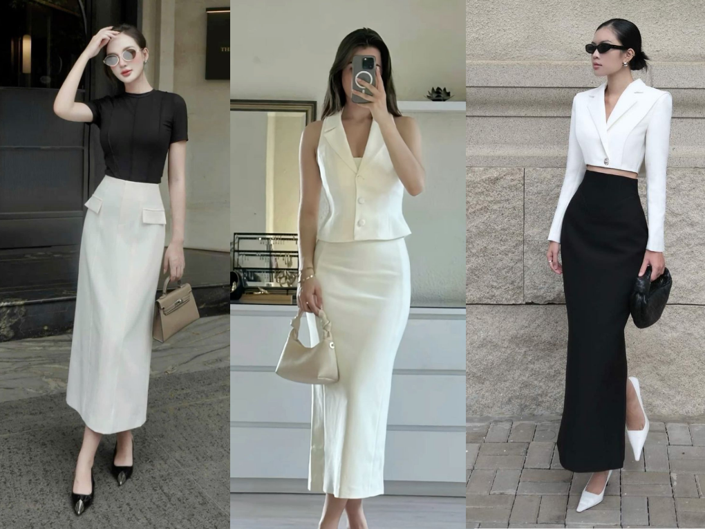Set đồ trắng phối chân váy dài và áo gile