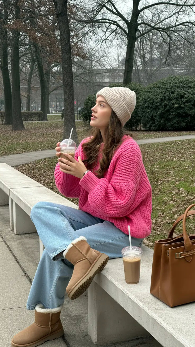 Cô gái đội mũ len beanie be, áo len hồng oversized, phong cách casual năng động