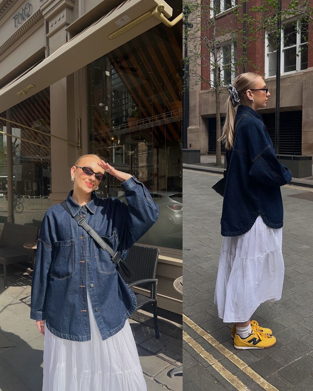 Áo khoác denim oversize, váy suông/midi trắng