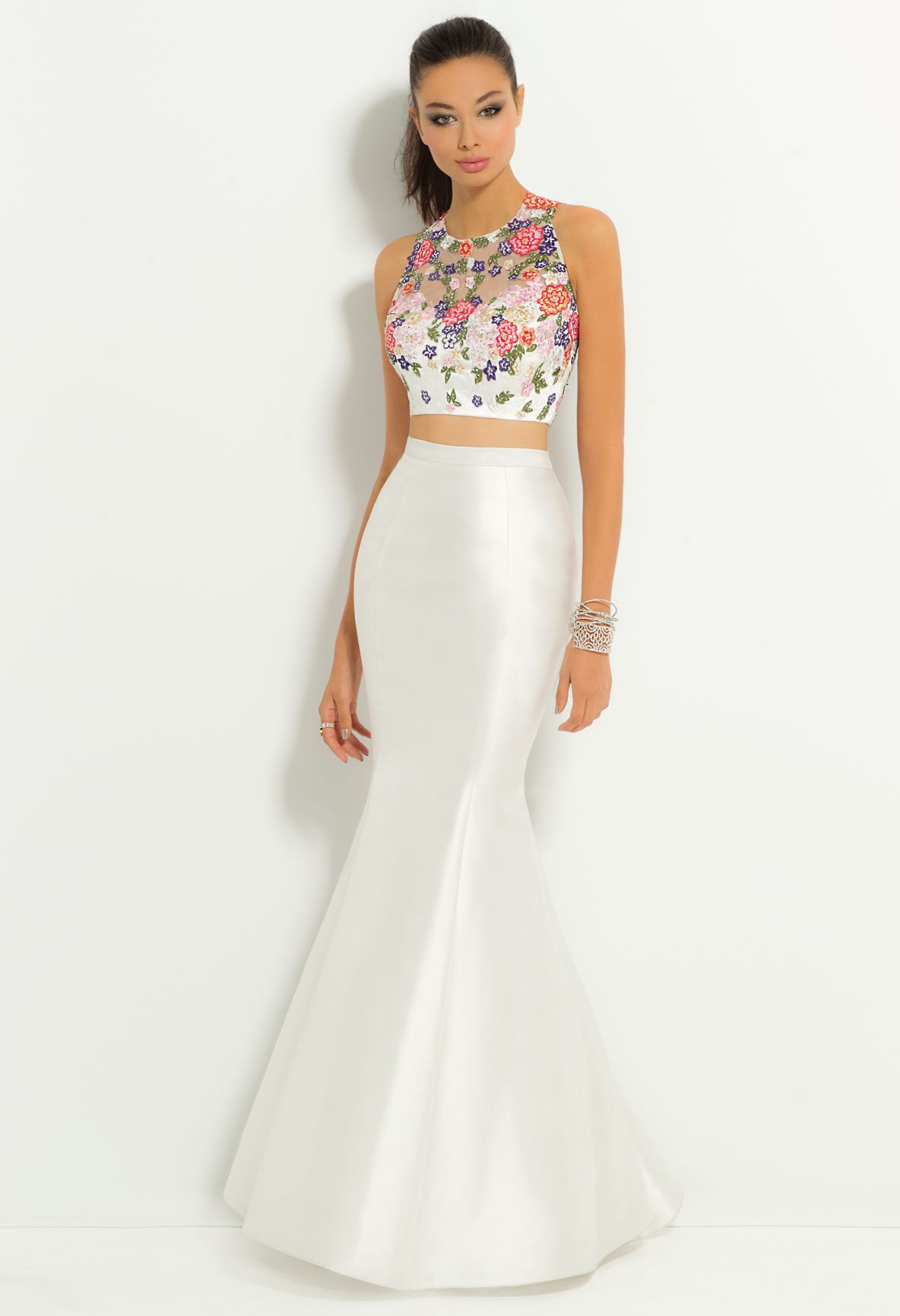 Set croptop họa tiết và chân váy đuôi cá satin