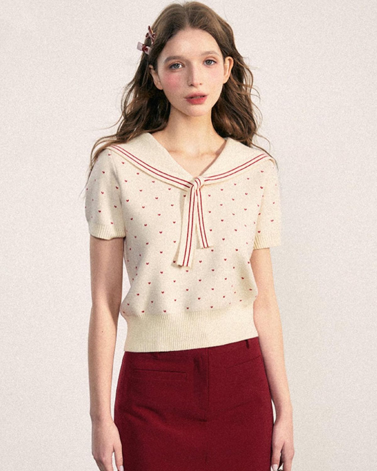 áo dệt kim kem cổ thủy thủ viền đỏ dâu phong cách ngọt ngào