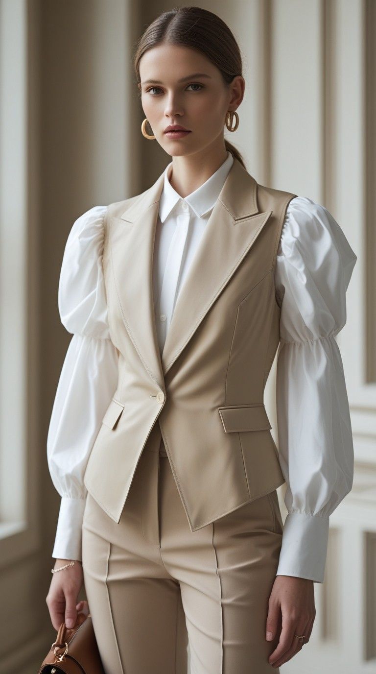 Blouse tay bồng trắng layer gile vest công sở