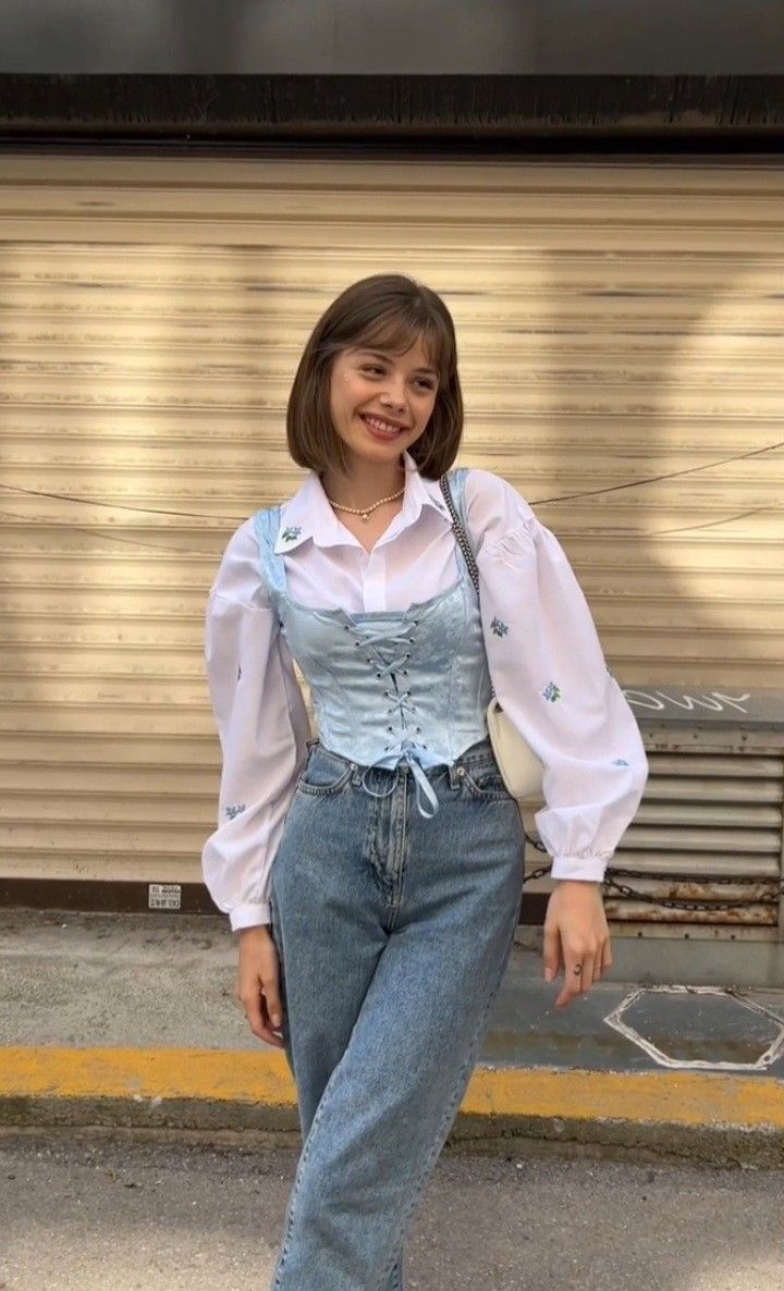 Áo blouse tay bồng trắng layer corset denim