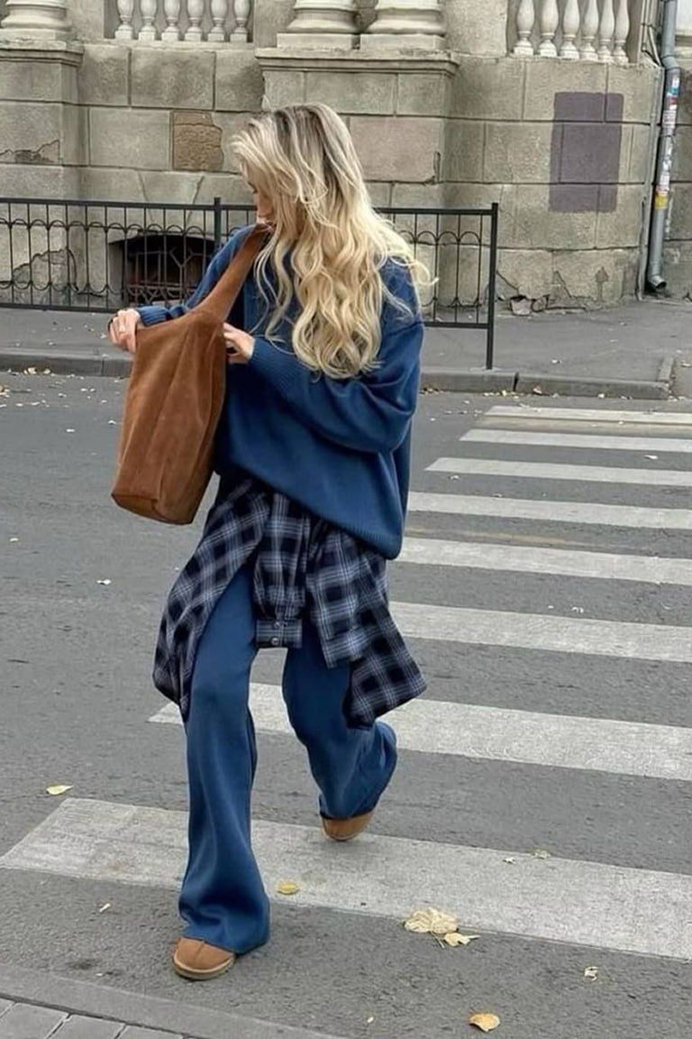 Sơ mi caro thắt ngang eo, layer màu xanh và kẻ caro cùng tông