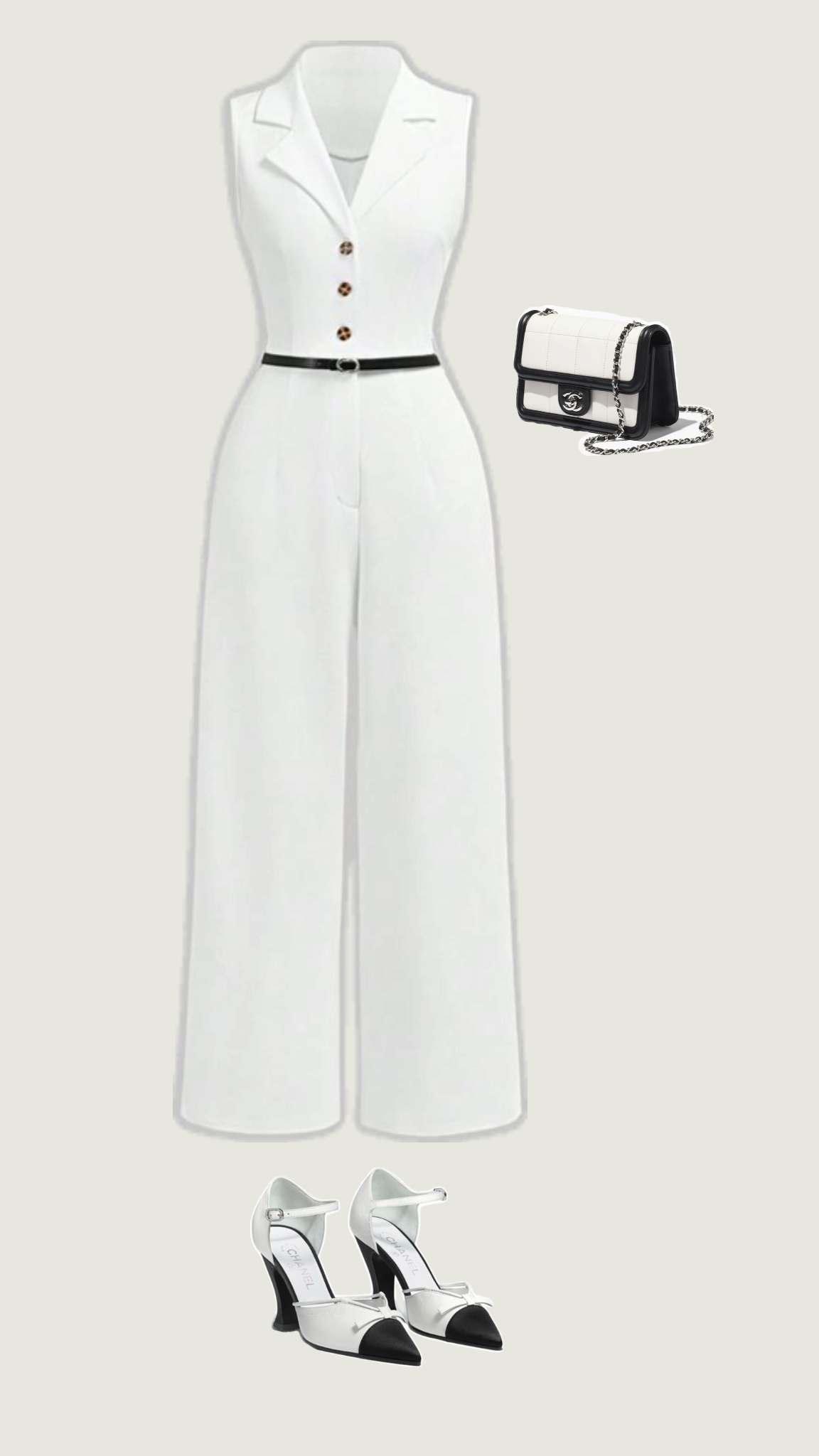 Đồ liền thân trắng, kiểu vest sát nách phối thắt lưng và cao gót