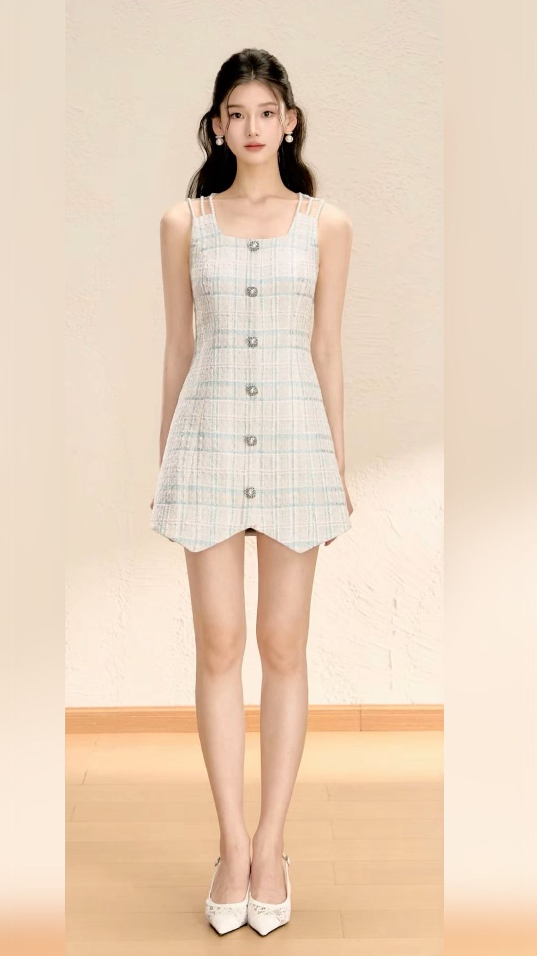 Đầm suông dạ trắng kẻ ô vuông, cúc đá