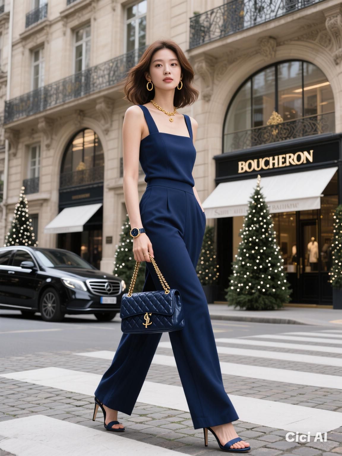 Đồ liền thân xanh navy, quai vuông, dạo phố