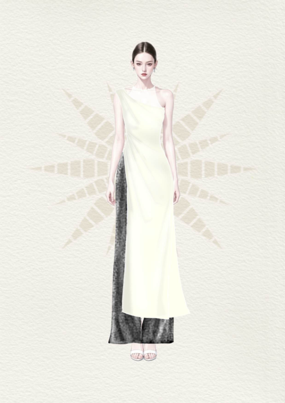 Ivory Asymmetric Cascade Ao Dai Set